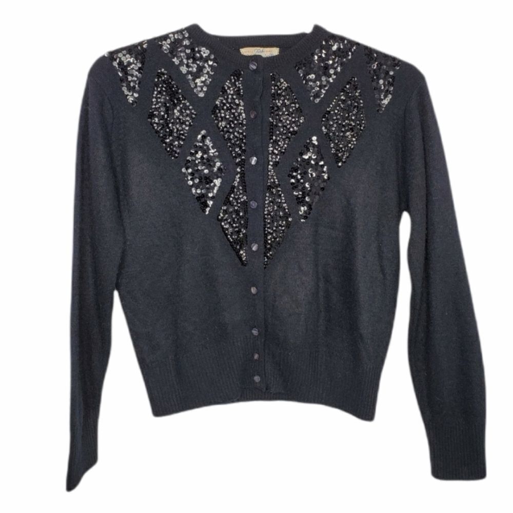 VINTAGE 60s black‎ cardigan sequined orlon sweater S